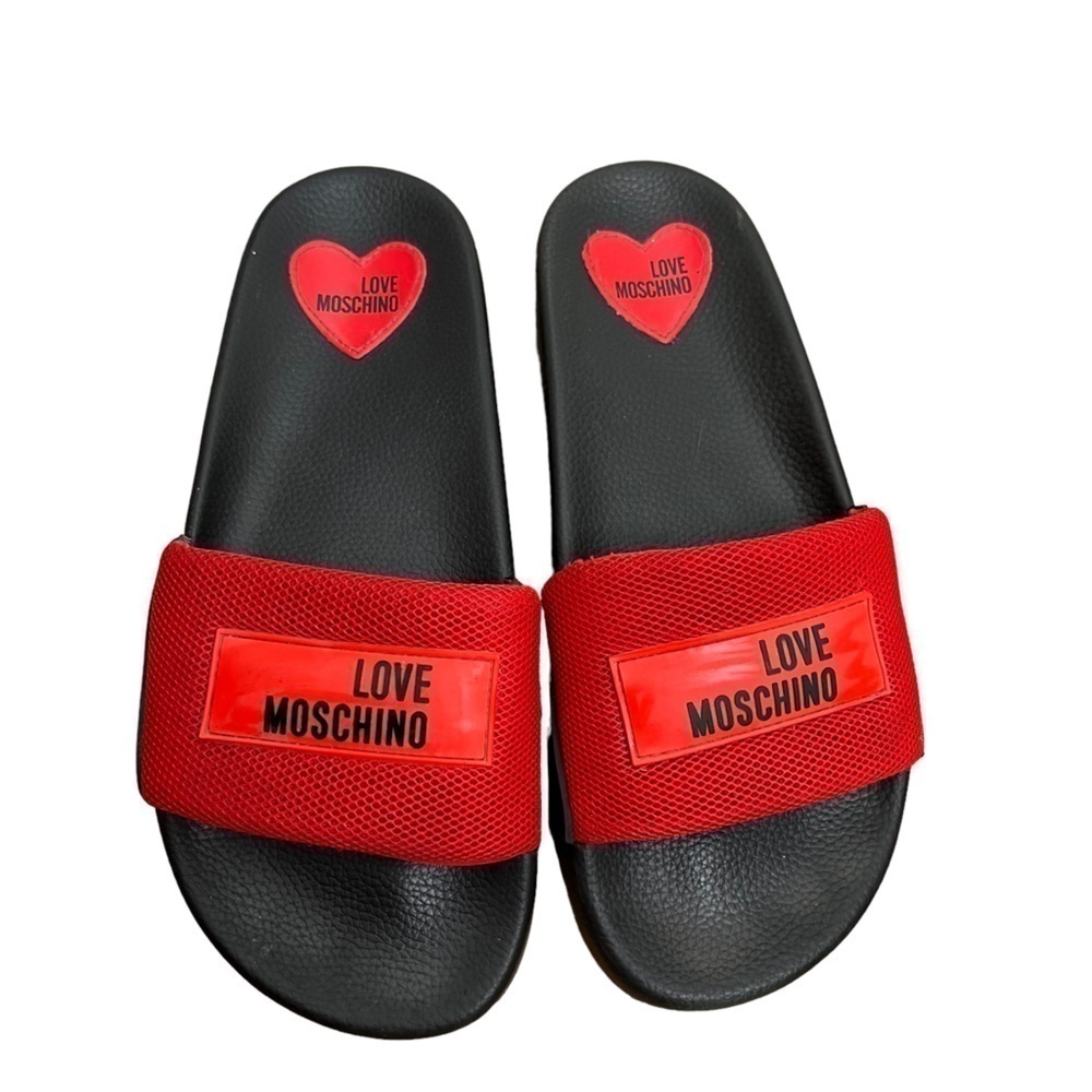 Love Moschino Women's Red mesh fabric Slip On Open Back Slipper Slider Sandals
